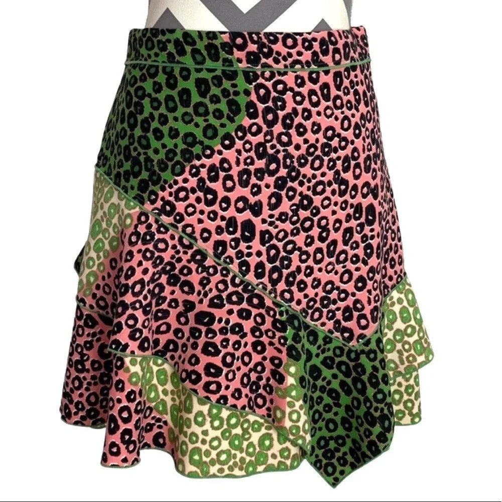 Derek Lam 10 Crosby Ruffle Leopard Print Skirt Pink Green Layered Size 6 Small - Picture 3 of 12